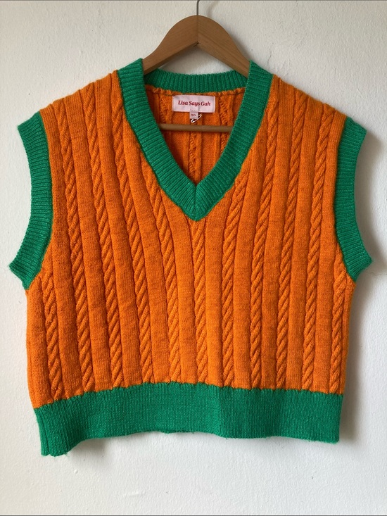 Lisa Says Gah Sweaters - Lisa Says Gah orange & green cable knit sweater vest M/L